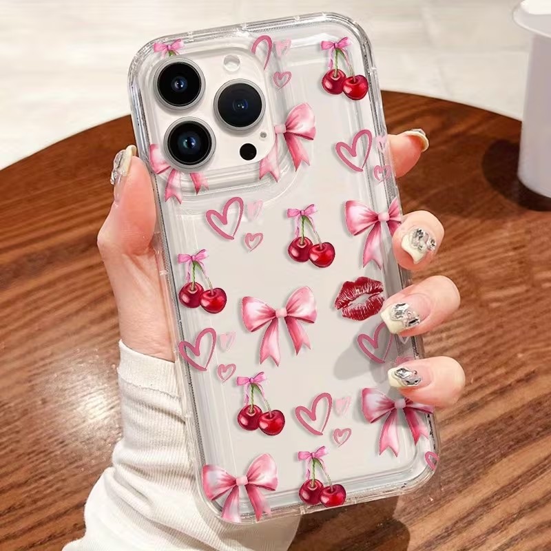 Samsung Galaxy A55 - Kırmızı Fiyonklu Kiraz Desenli Şeffaf Silikon